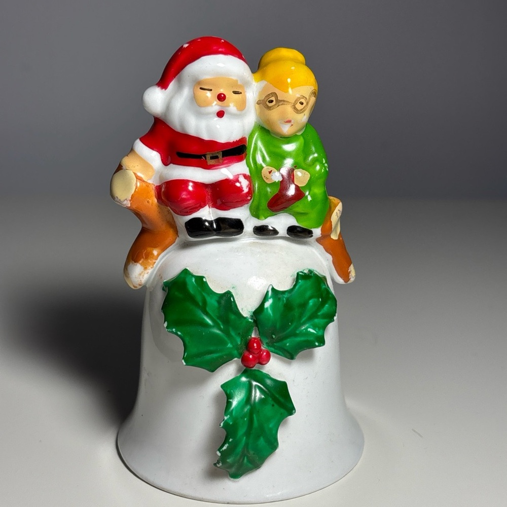 Vintage Ceramic Santa & Mrs Claus Holiday Bell - White, Red, Green